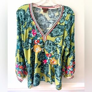 Anthropologie Vineet Bahl Green Floral V-Neck Embroidered Top Womens SZ XS